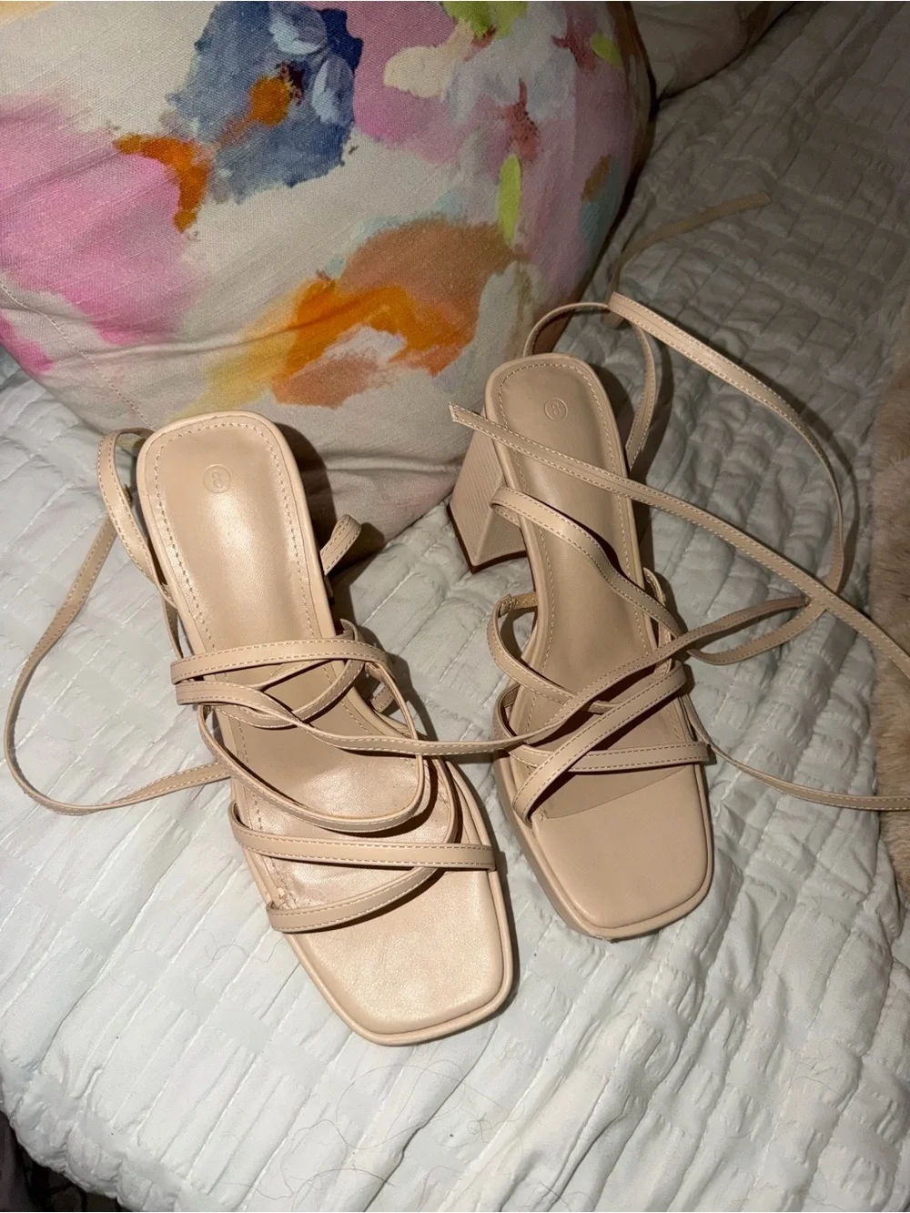 Women's Strappy Square-Toe Heeled Sandals in Nude